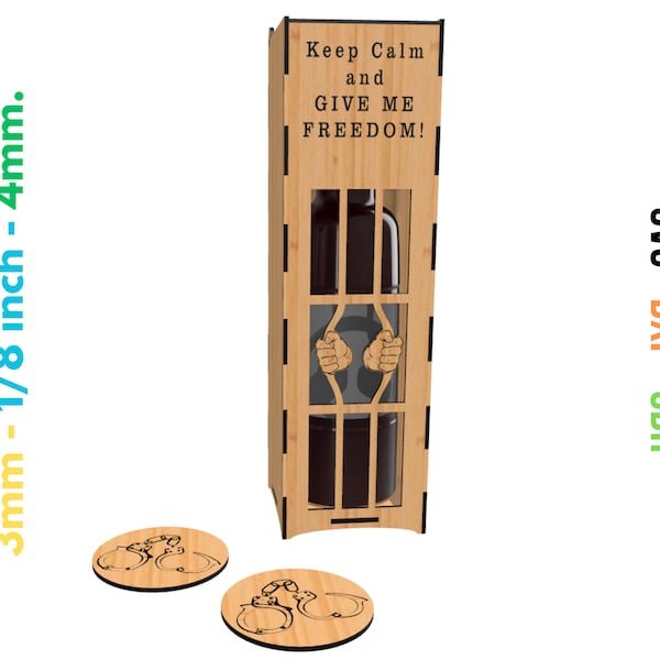Wine box + gift cup holder. Laser cut files SVG, DXF, CDR vector plans. jailed wine box-  3mm 1/8inch 4mm Wine Box Digital File. Xtool Wine