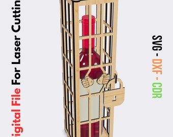 Caja de regalo de vino en prisión. Archivos cortados por láser planos vectoriales SVG, DXF, CDR. caja de vino encarcelado- 3mm 1/8" -Archivo Digital Wine Box. Descarga Inmediata