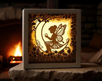 Boîte ombre fée lune SVG, 3D papier découpé au Laser, caisson lumineux jardin féerique SVG, modèle Papercut fée lune, ombre boîte SVG découpée au Laser