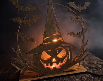 Halloween citrouille chapeau de sorcière bougeoir SVG DXF CDR téléchargement de fichiers découpés au laser