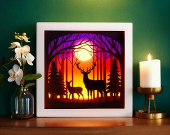 Cerf forêt coucher de soleil ombre boîte SVG, papier 3D découpé au Laser, boîte à lumière bois cerf lune, fichier Laser Papercut Nature