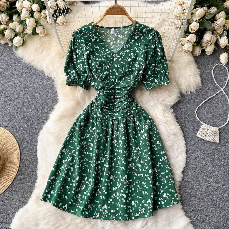 Floral Print V-neck Tight Waist Dress 