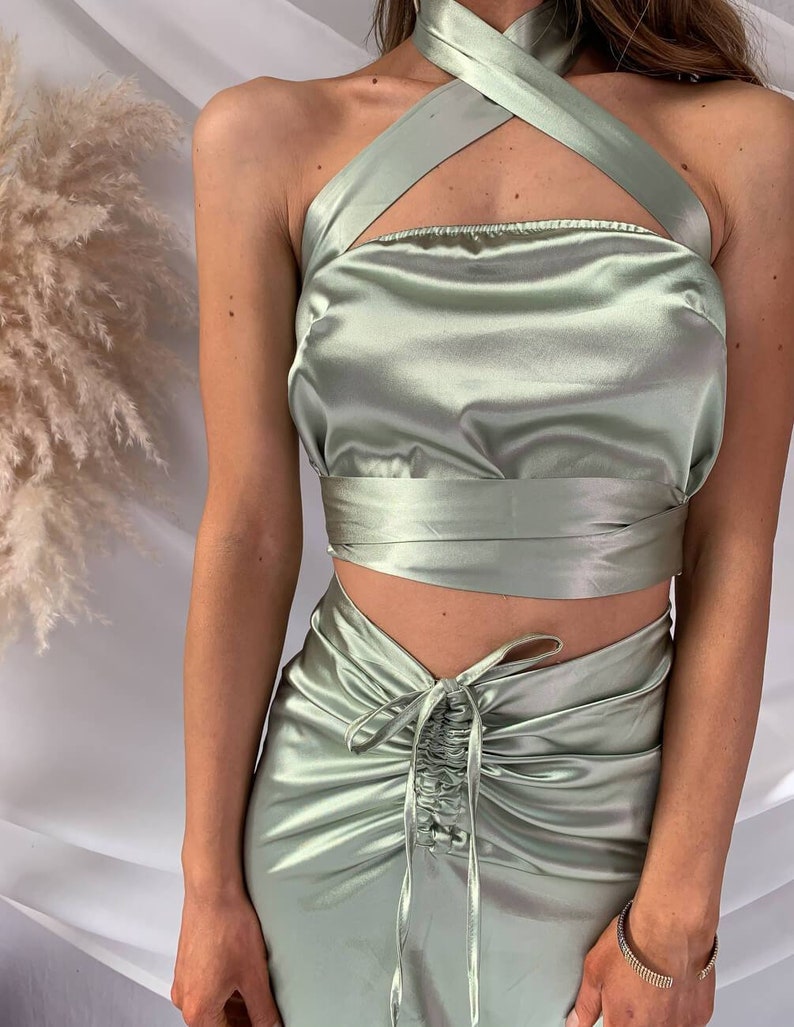 Maddy Two Piece Set Satin Olive Green