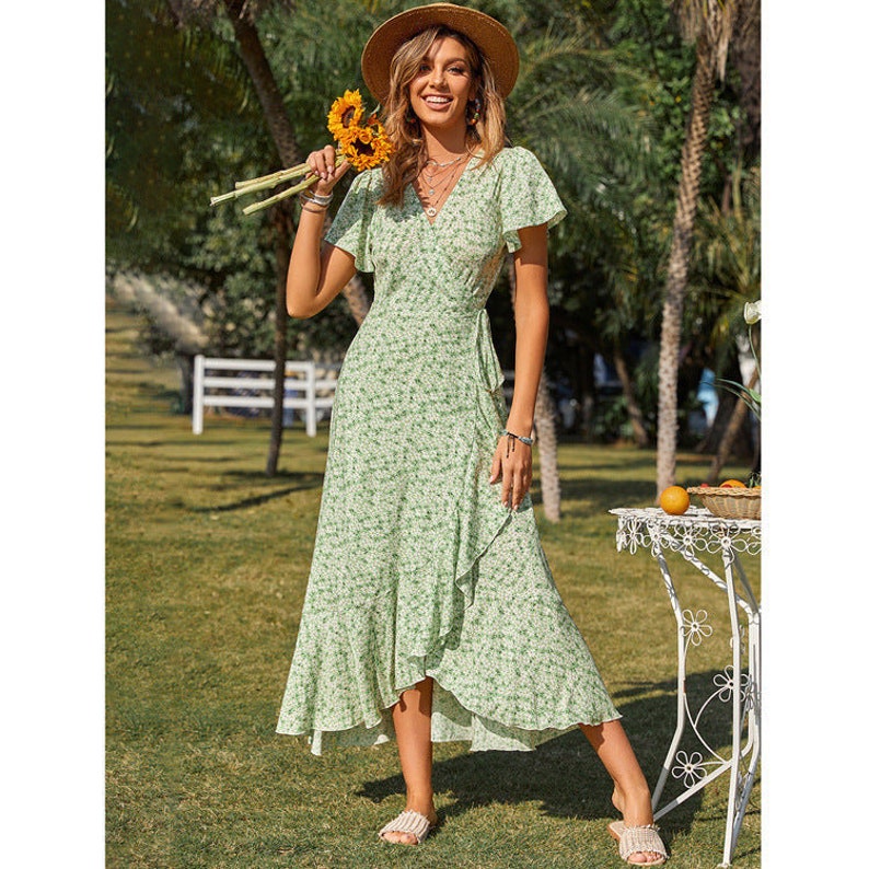 V-neck Short Sleeve Floral Ruffle Midi Dress Green 