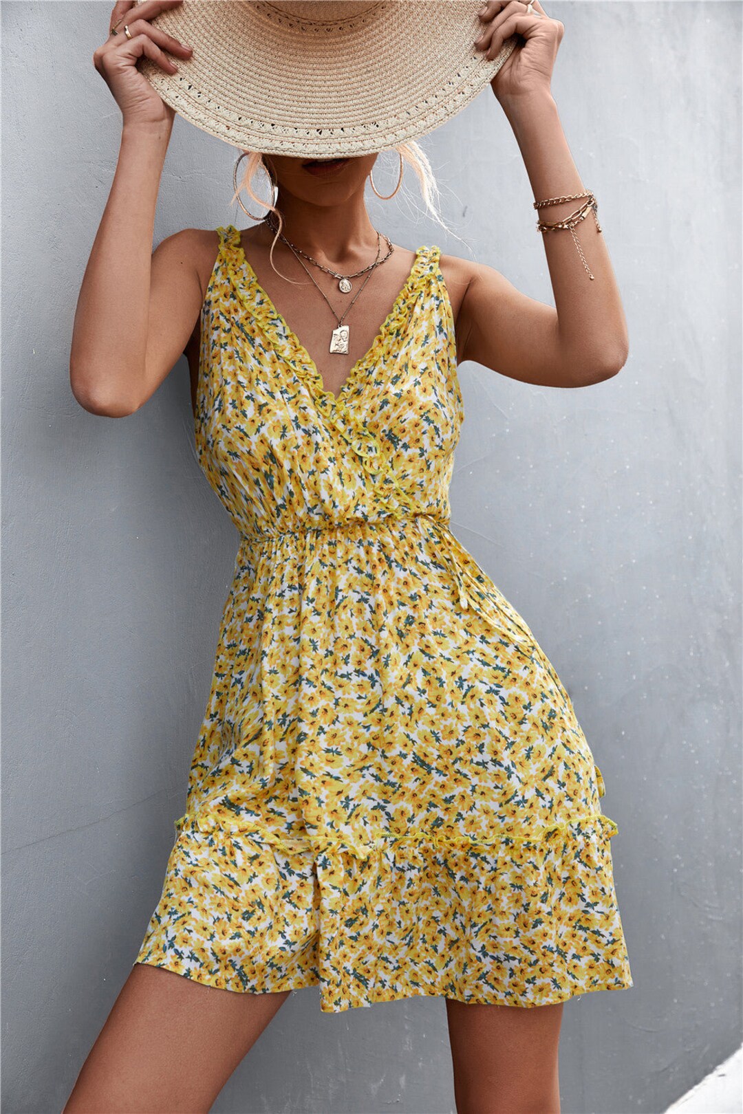 Red V-Neck Floral Sleeve Mini Dress for Women main image 0
