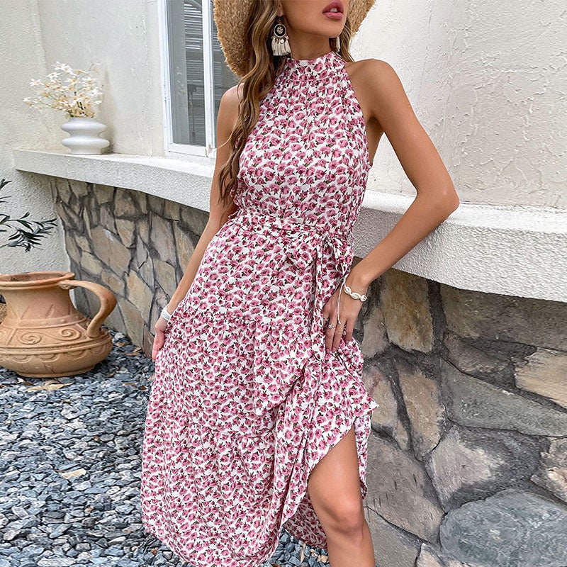 Temperament Beach Resort Split Halterneck Maxi Dress Stylish Backless Chiffon Maxi Dress