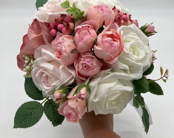 Ramo de novia, boda clásica, boda clásica rosa y blanca, floral de seda para boda