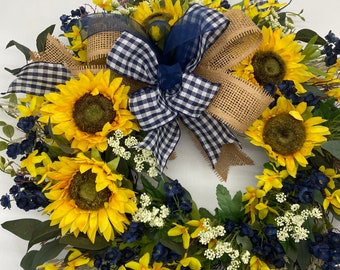 Sunflowers with blue and white gingham wreath.