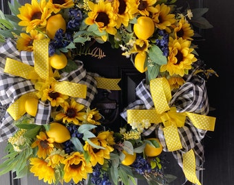 Sunflower and lemon black and white buffalo check wreath