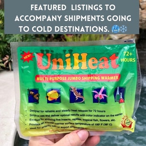 May include: Green and yellow UniHeat multi-purpose jumbo shipping warmer with a color indicator. The warmer is designed for reliable and steady heat release for 72 hours. It is ideal for shipping live insects, reptiles, tropical fish, flowers, and other items.