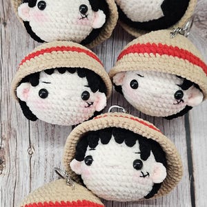 Crochet Straw Hat Boy Keychain. Crochet Pirate Boy Anime Keychain. Crochet Straw Hat Boy Bag Charm. Pirate Boy Zipper Charm.