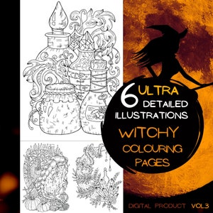 Witchy Coloring Pages | Detailed Colouring | Potion Coloring Page | Witchcraft | Witchy Aesthetic | Adult printable coloring | Hand Drawn