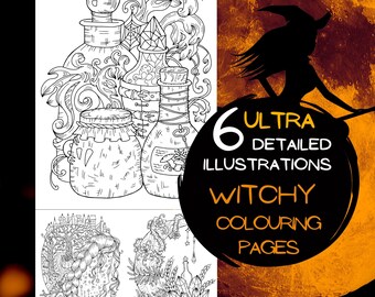 Witchy Coloring Pages | Detailed Colouring | Potion Coloring Page | Witchcraft | Witchy Aesthetic | Adult printable coloring | Hand Drawn