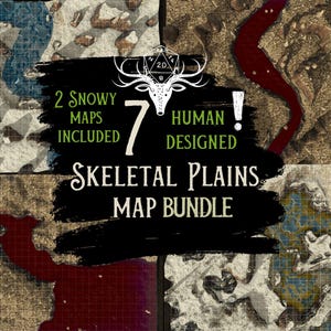 May include: A digital illustration of a map bundle for tabletop role-playing games. The bundle includes seven maps, two of which are snowy. The maps are designed for use in a skeletal plains setting. The text "Skeletal Plains Map Bundle" is featured in the image.