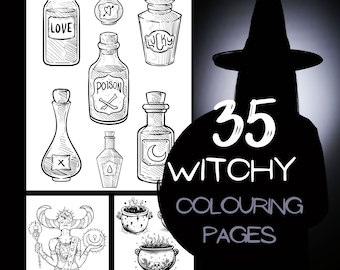 May include: Black and white illustration of 35 witchy coloring pages. The image features a witch's silhouette, potion bottles, cauldrons, and a witch with a wand.