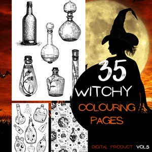 Witch Coloring Pages | Witchy Colouring | Wands Potions Spooky Houses | Witchy Aesthetic | Adult Printable Coloring Book