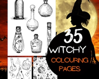 May include: A black and white illustration of a witch with a pointed hat and a full moon in the background. The text "35 Witchy Coloring Pages" is in a circle in the foreground. The image is a digital product.