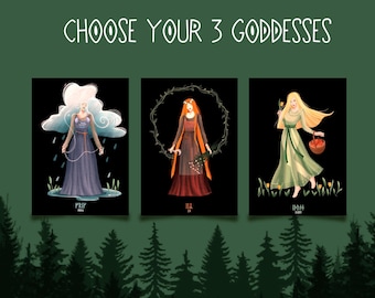 3-pack of Goddess Art Prints | Goddess poster pack | Gods Illustration | Pagan Wiccan Folk | Home Decor