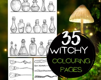 May include: A black and white illustration of 35 witchy coloring pages. The image features a variety of potion bottles, broomsticks, and wands. The text "35 Witchy Coloring Pages" is written in a large, bold font.
