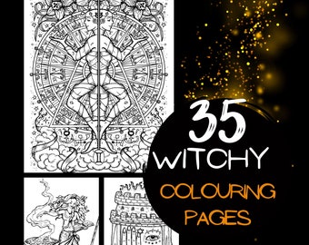 May include: A digital download of 35 witchy coloring pages. The cover image features three black and white illustrations: a figure standing in a circle of swords, a witch stirring a cauldron, and a hand with an eye.