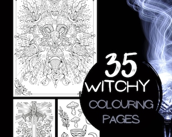 May include: 35 Witchy Coloring Pages digital product vol 10.  Black and white line art illustrations of various witchy themes, including a horned skull, a sword, mushrooms, and a crystal.