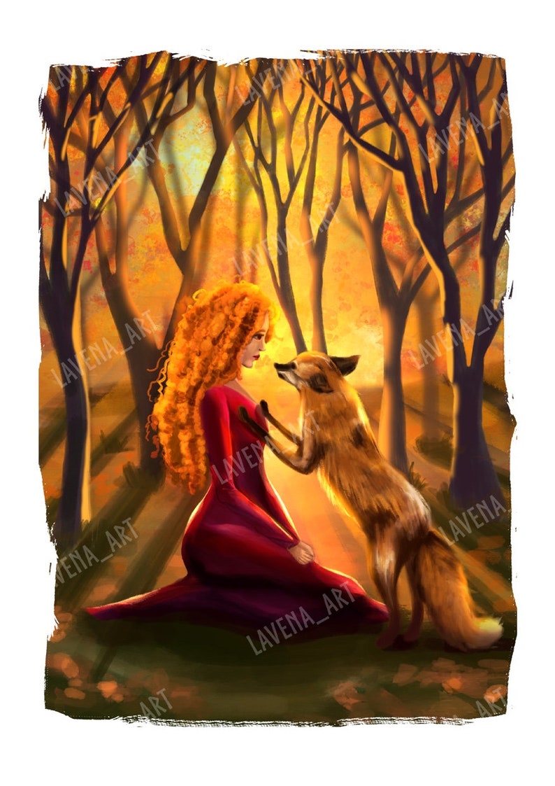 Whimsical Forest Illustration | Redhead Princess and the Fox Art | Fox ...