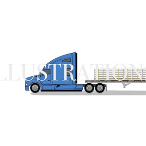 May include: A blue semi-truck with a flatbed trailer carrying a load of pallets. The truck is driving on a white background.