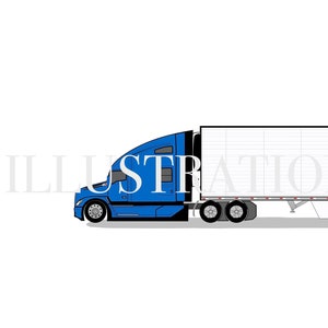 May include: Illustration of a blue semi-truck with a white trailer. The truck is viewed from the side, showcasing its streamlined design. The trailer has a grid pattern. The image is set against a white background.
