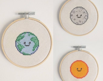 Moon Earth Sun - Set of 3 Easy Cross Stitch Patterns Small