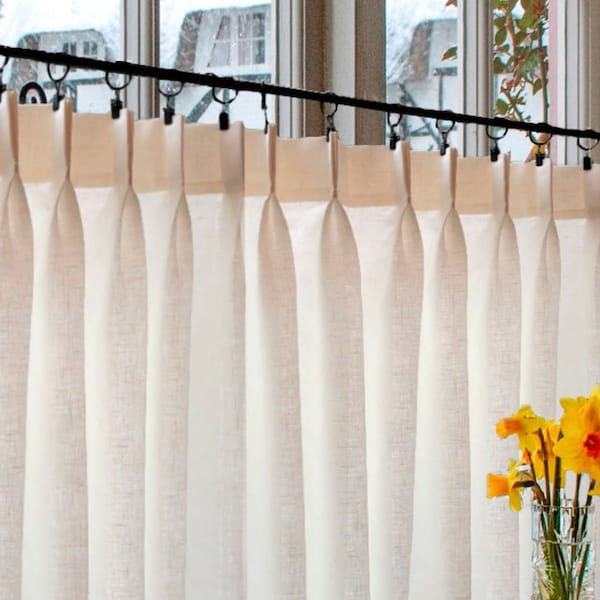 Double Pleated Cafe Curtains 100% Semi Sheer Off White Linen - Great Look For A Country kitchen Or Farmhouse Look.