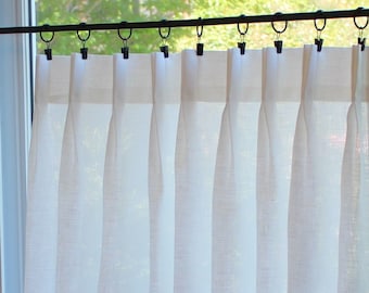 White - Pleated Cafe Curtains - Made with 100% Semi Sheer Linen - A Great Look For A Country kitchen Or Farmhouse Look.