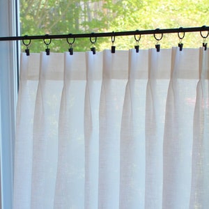 White - Pleated Cafe Curtains - Made with 100% Semi Sheer Linen - A Great Look For A Country kitchen Or Farmhouse Look.