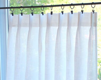 White Linen - Pleated Cafe Curtains - Made with 100% Semi Sheer Linen - A Great Look for a Country kitchen or Farmhouse Look.