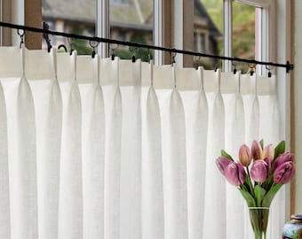 Linen Double Pleated Cafe Curtains, 100% Semi-Sheer Off-White Linen - Perfect for a Country | Farmhouse Look. Price is for one panel