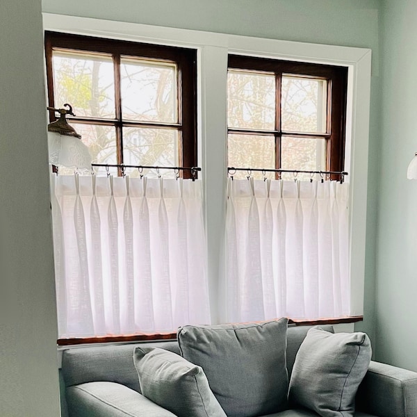 White LINED - Pleated Café Curtains - Made with 100% Semi Sheer Linen - A Great Look For A Country kitchen