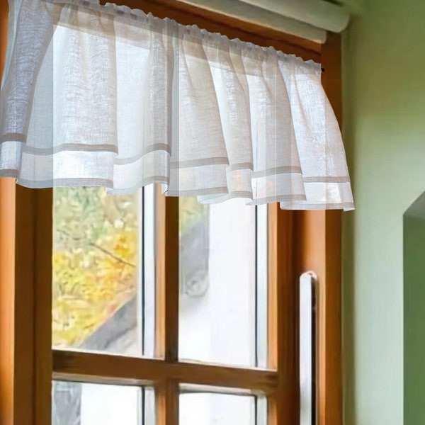 Semi Sheer Valance, 100% Linen. Farmhouse or Country Kitchen Off White Valance Curtain Perfect Shabby Chic Look