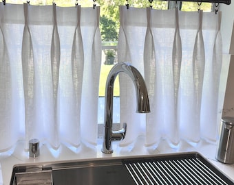 Soft Washed White - Pleated Cafe Curtains - Made with 100% Semi Sheer Linen - A Great Look For A Country kitchen Or Farmhouse Look.
