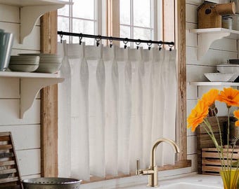 Linen Pinch Pleated Café Curtains - Made in a 100% Semi Sheer Off White Linen