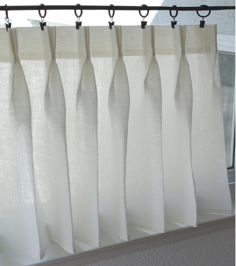 Double Pleated Cafe Curtains 100% Semi Sheer Off White Linen Great Look For A Country kitchen Or Farmhouse Look. image 3