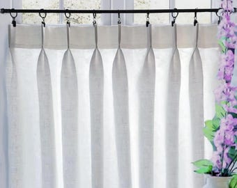 LINED Off-White 100% Linen Double Pleated Cafe Curtains - Light Filtering and Privacy. Made In The USA. French Linen