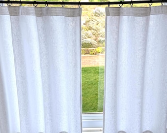 White Linen Cafe Curtains Made in semi sheer 100% Linen - Price is for a Single Panel. Country Casual / BOHO Look