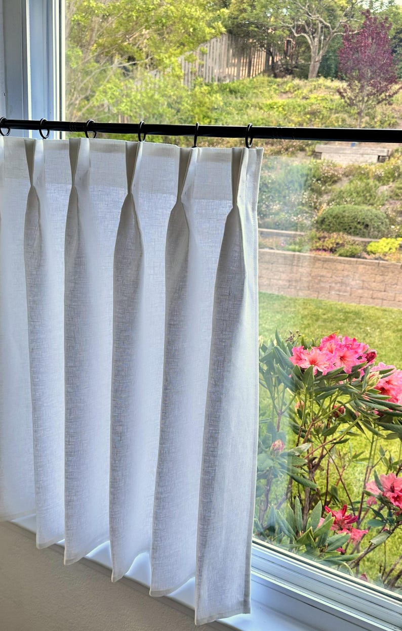 White LINED - Pleated Café Curtains - Made with 100% Linen - A Great Look For A Country kitchen. Price is For One Panel image 3