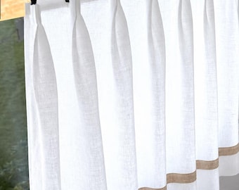 White Linen - Header 1” Euro Pleated Cafe Curtains - Made with 100% Semi Sheer Linen - A Great Look for a Country kitchen or Farmhouse Look.