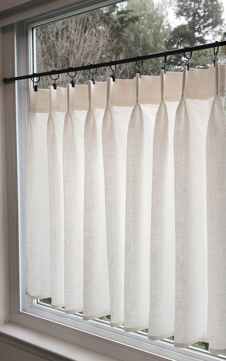 LINED Off White Double Pleated Cafe Curtains 100% Semi Sheer Linen. Made In The USA. image 3