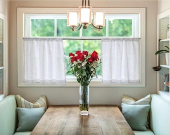 White Linen Cafe Curtain - Semi Sheer, Country Boho Style (Single Panel) Farmhouse Look