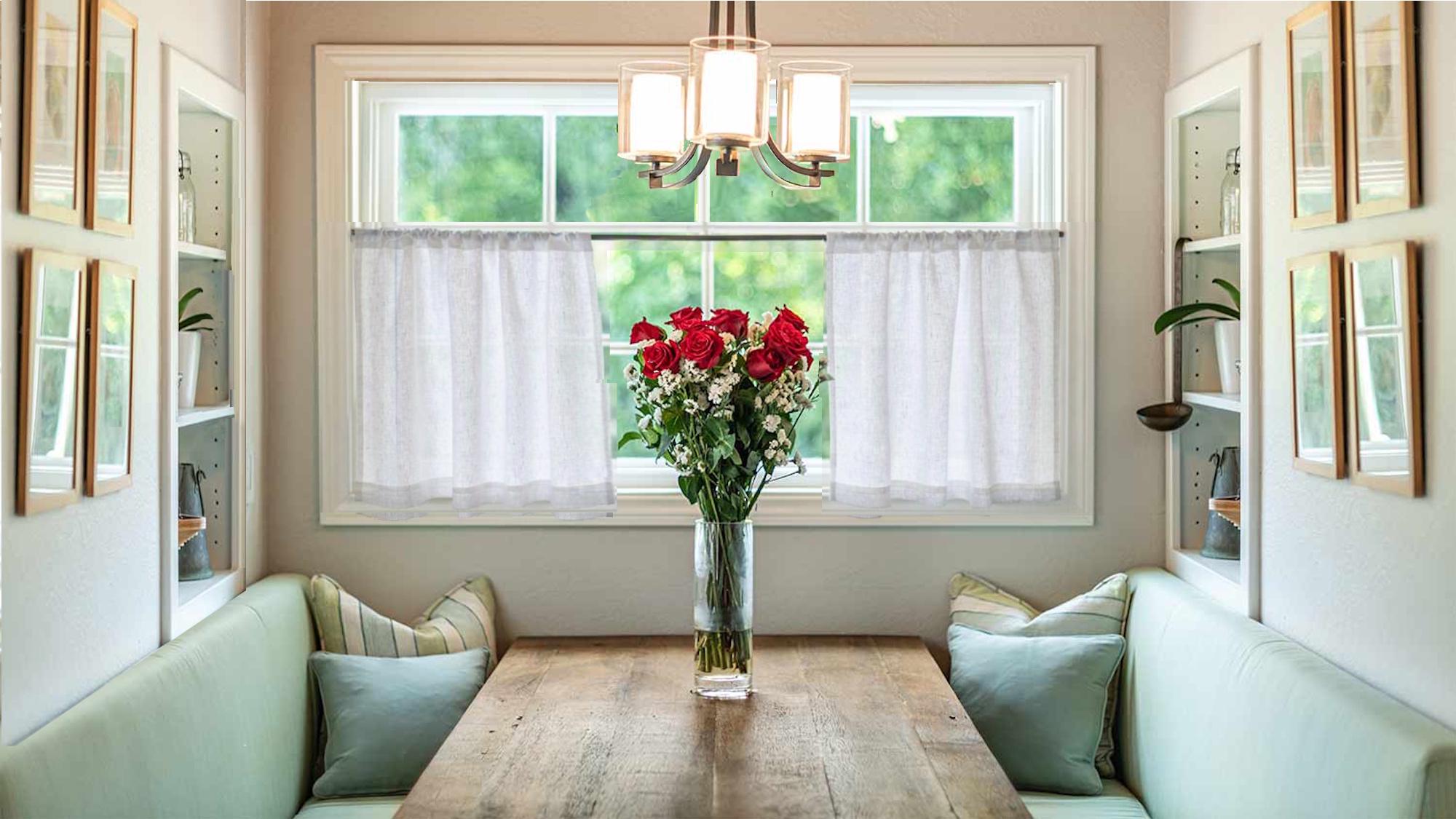 White Linen Cafe Curtain - Semi Sheer, Country Boho Style (Single Panel) Farmhouse Look