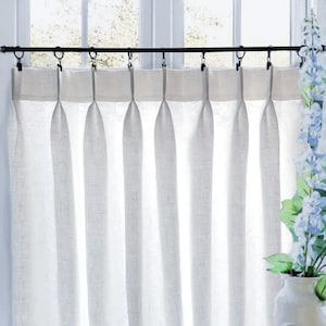 FREE Lining Upgrade- LINED Off White Double Pleated Cafe Curtains 100% Linen. Great Light Filtering and Privacy. Made In The USA