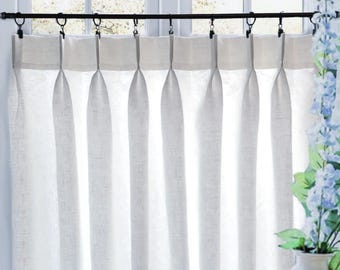 FREE Lining Upgrade- LINED Off White Double Pleated Cafe Curtains 100% Linen. Great Light Filtering and Privacy. Made In The USA.