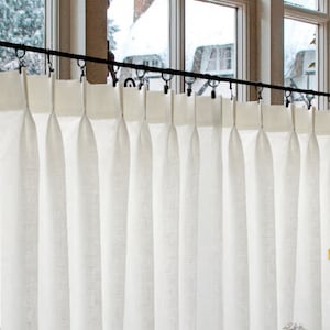 100% Linen. French Pleated Curtains Semi Sheer Off White - Great Look for a Country kitchen Or Farmhouse Look. Price is for one panel.