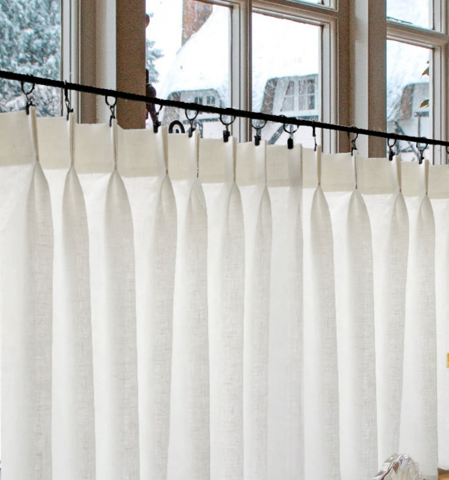 100% Linen. French Pleated Curtains Semi Sheer Off White - Great Look for a Country kitchen Or Farmhouse Look. Price is for one panel.